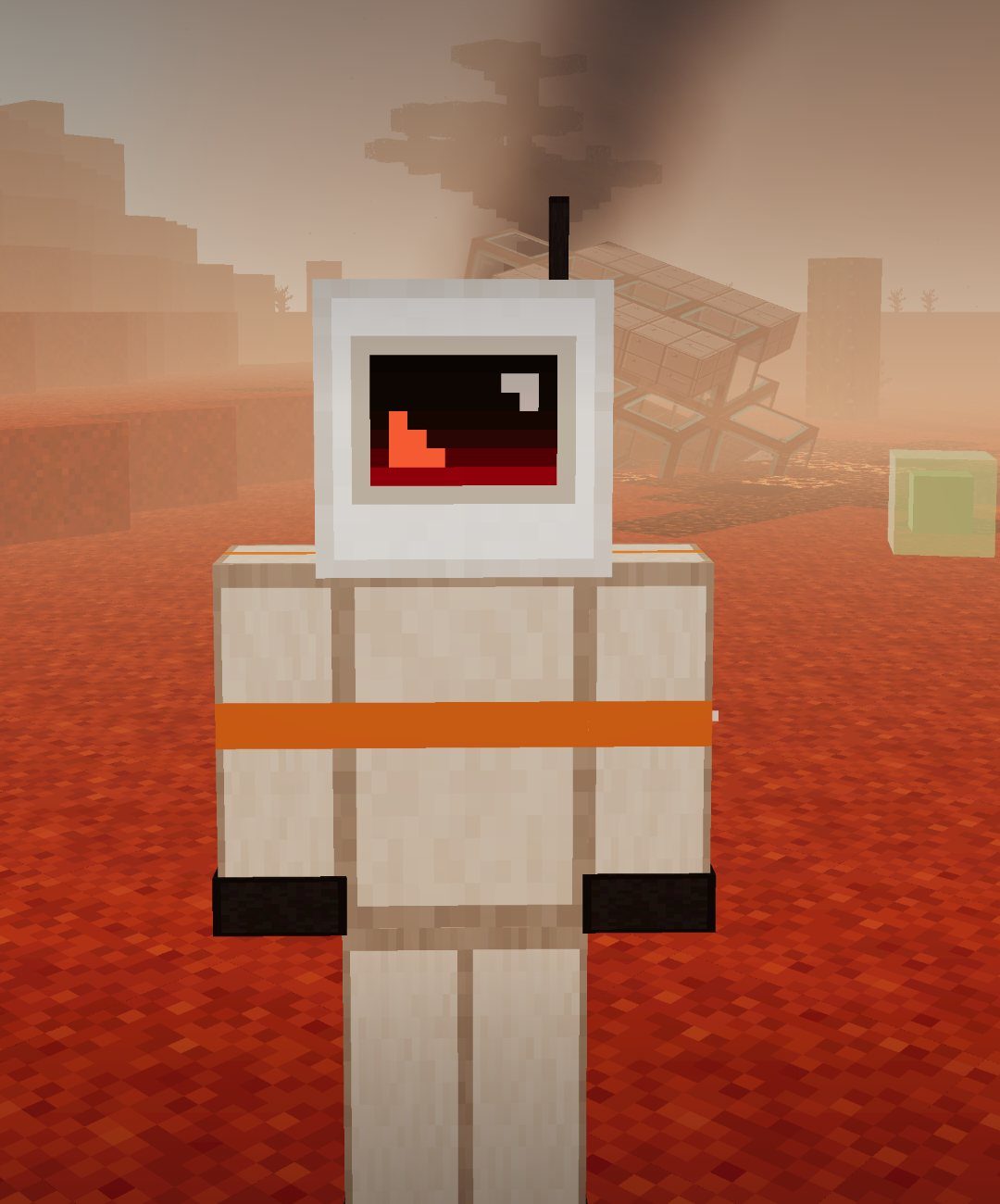 A pilot in a sealed suit in toxic orange haze, a slime nearby