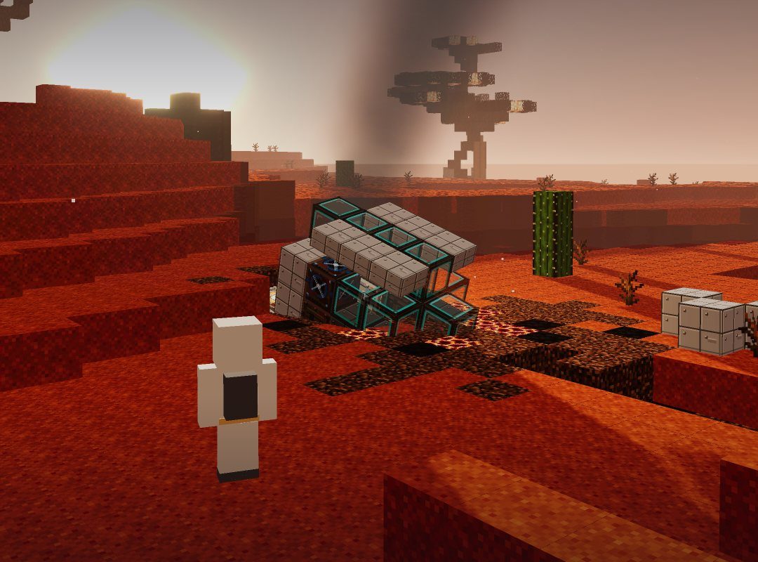 A pilot in a white suit stands near a wrecked ship on red Dross terrain