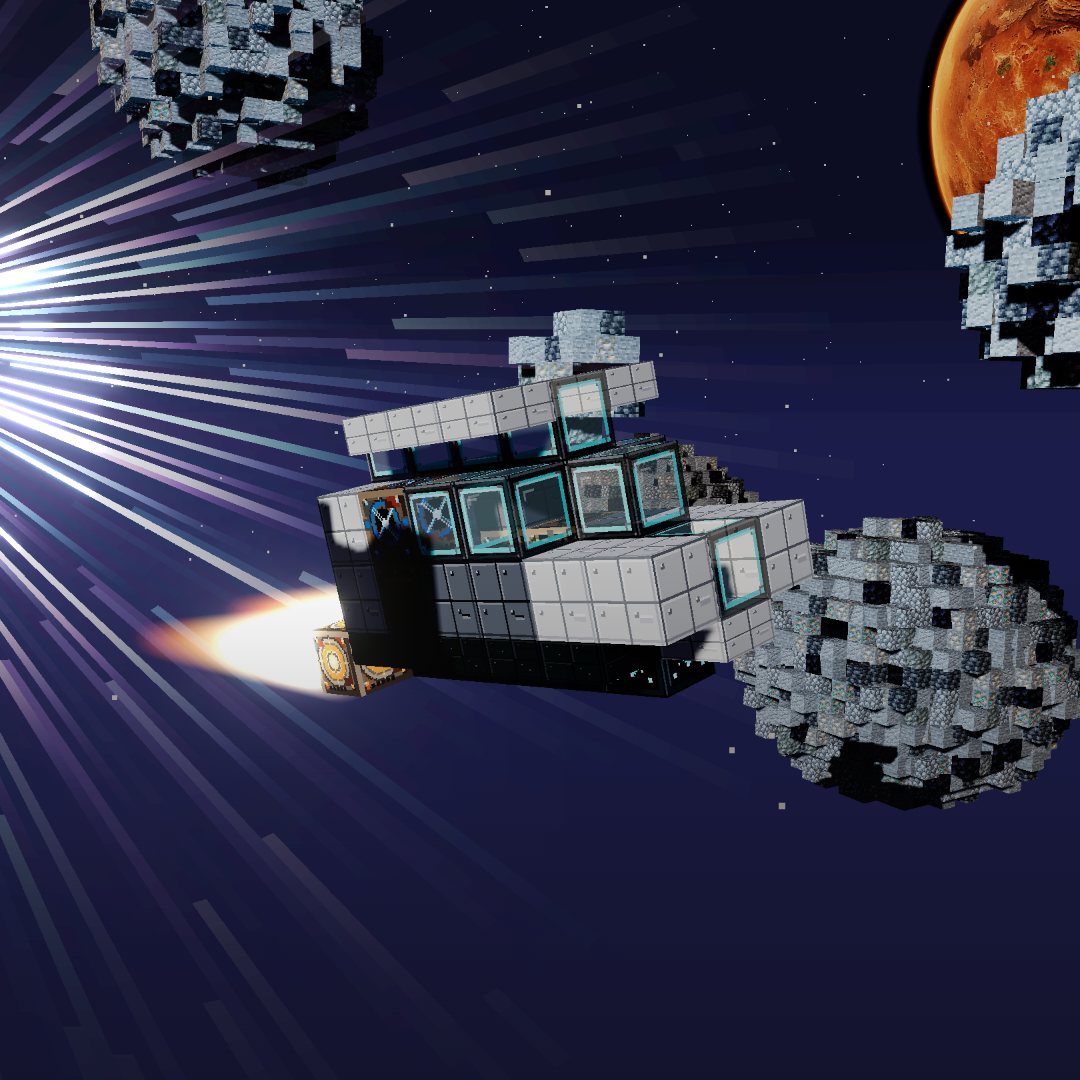 A block-built ship drifting past asteroids at speed