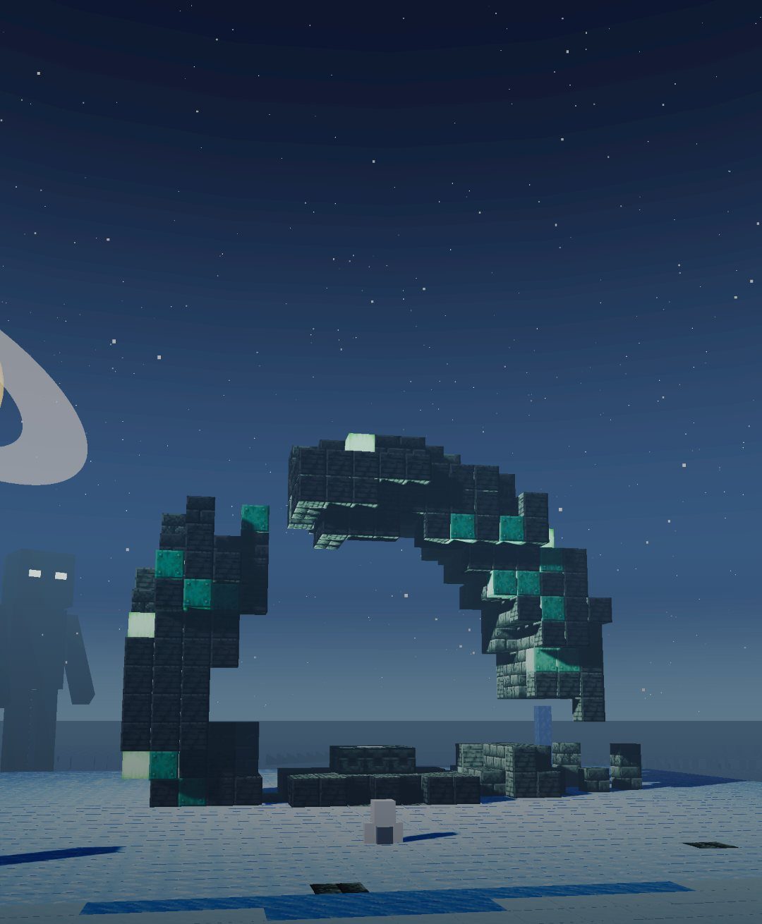 Ancient ruins on an icy moon under a ringed planet